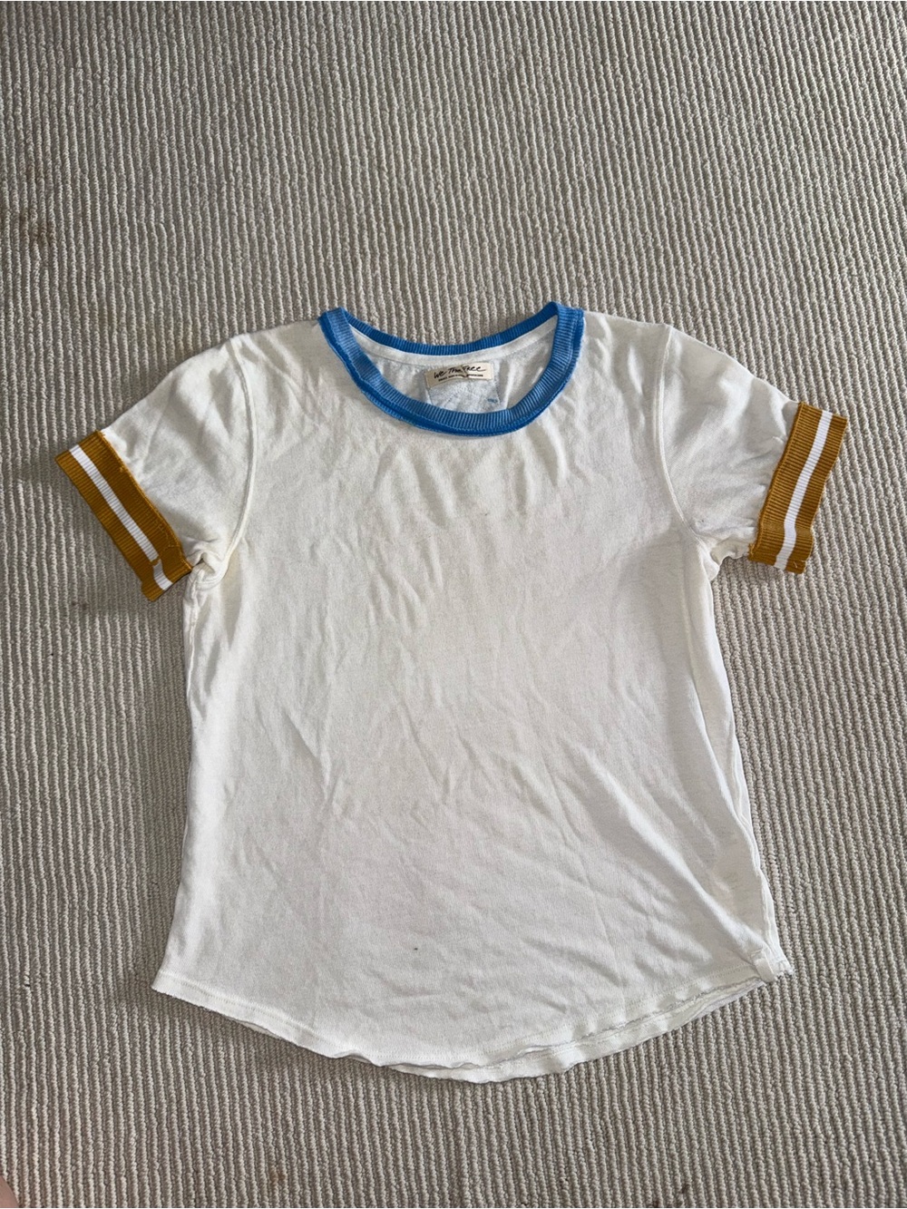 We The Free Kids White Tee with Blue Ringer and Mustard Sleeve Stripes